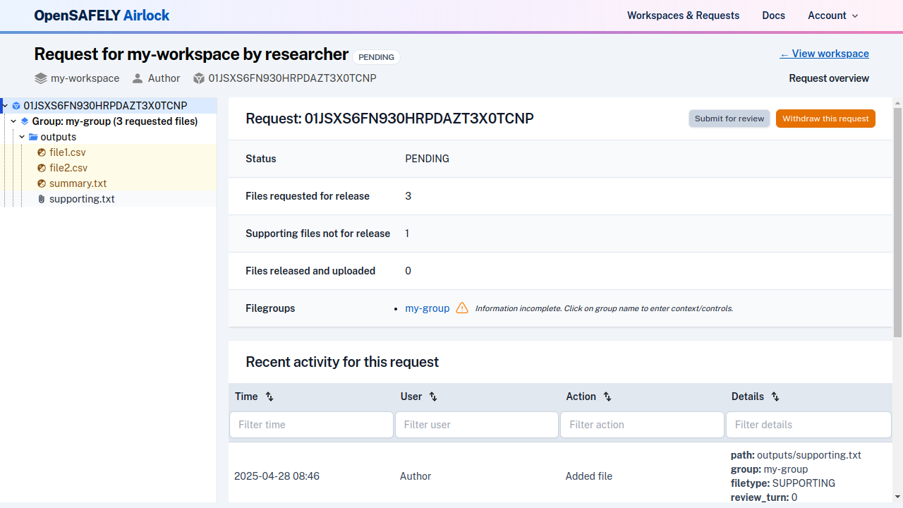 Incomplete file group in request overview